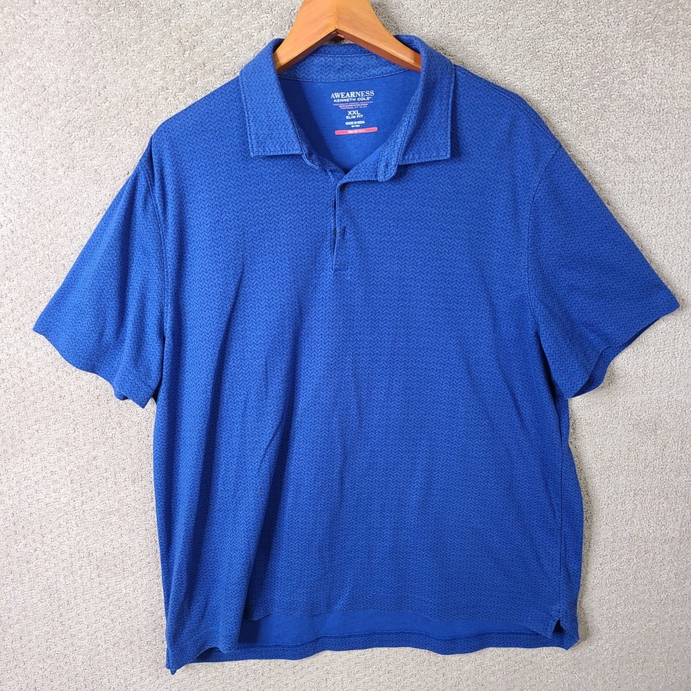 Awearness Kenneth Cole Shirt Mens XXL Blue Geometric Polo Slim Fit Cotton Casual